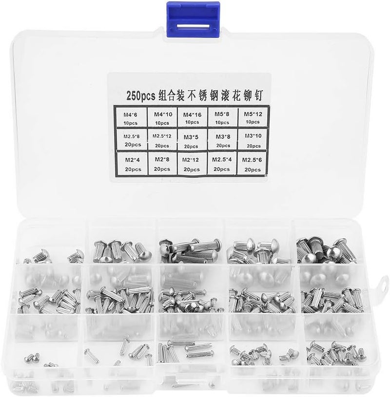 Chazcool 250pcs Solid Rivets Knurled Shanks, Stainless Steel Rivets Round Head Rivet Kit, Nuts Solid Rivets Assortment Kit Set with Storage Box, M2 / M2.5 / M3 / M4 / M5 - Image 1